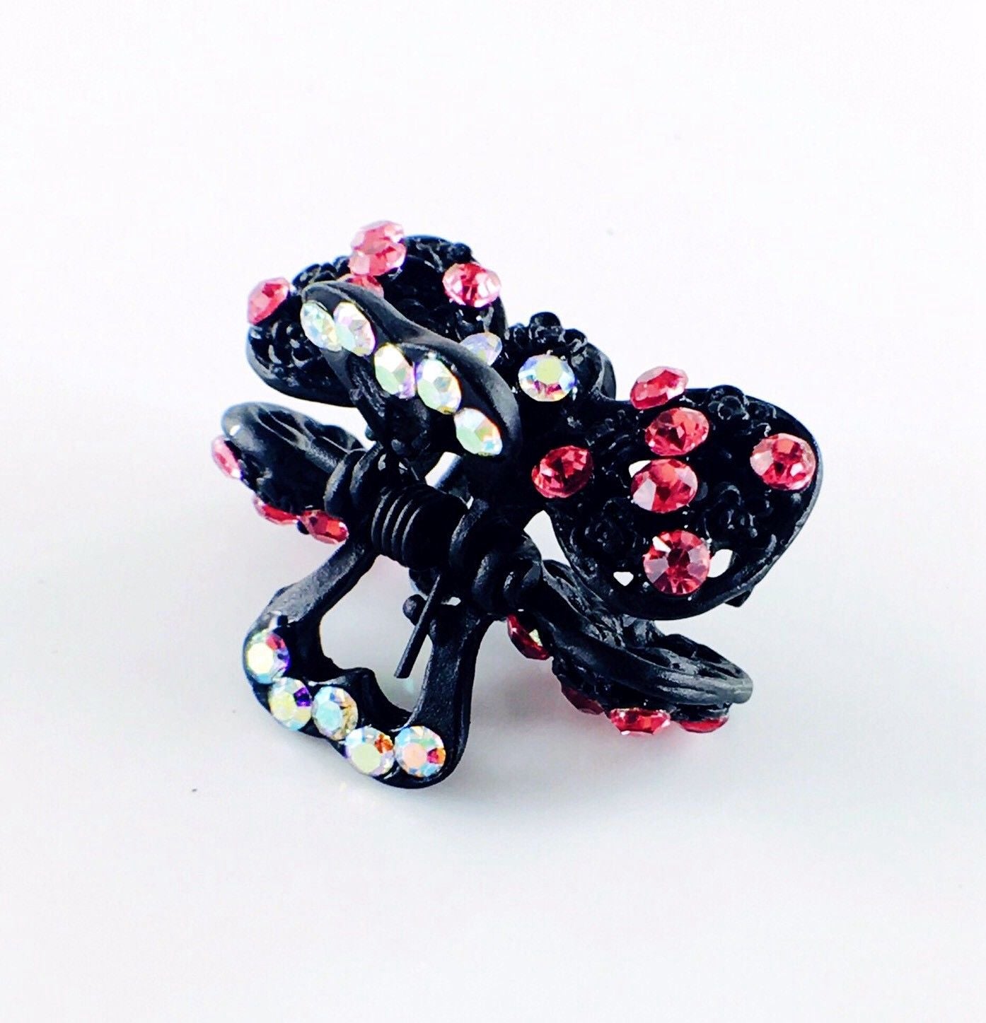 Roses Bow Knot Hair Claw Jaw Clip use Rhinestone Crystal black base Pink, Hair Claw - MOGHANT