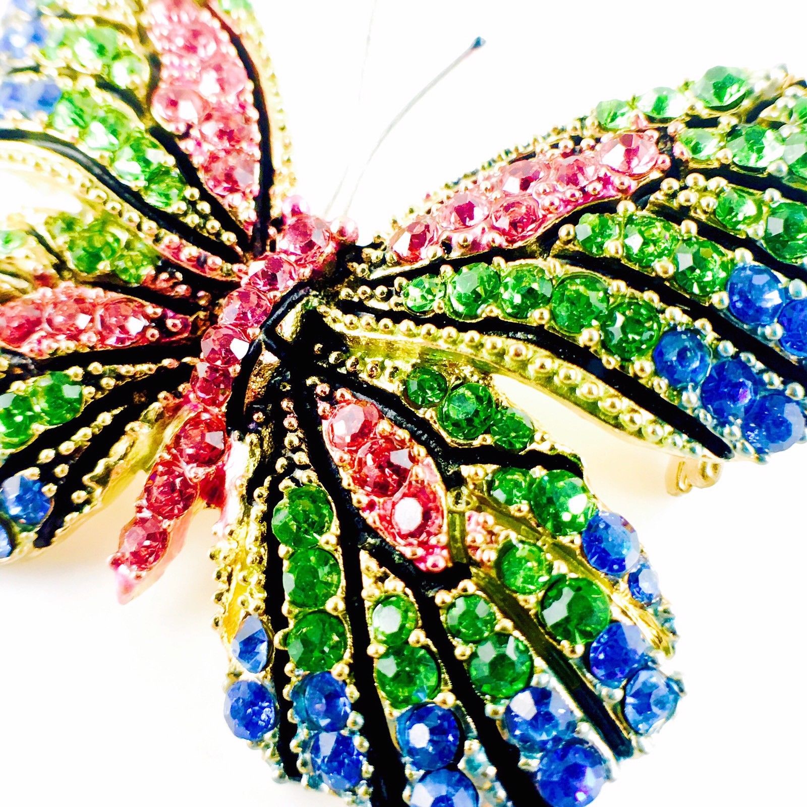 Fairy Butterfly Brooch Swarovski Crystal gold base multi colors Blue Green Pink, Brooch - MOGHANT