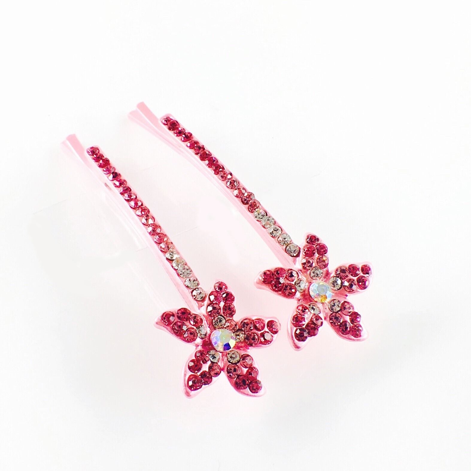 Flower Bobby Pin Pair Rhinestone Crystal clear pink, Bobby Pin - MOGHANT