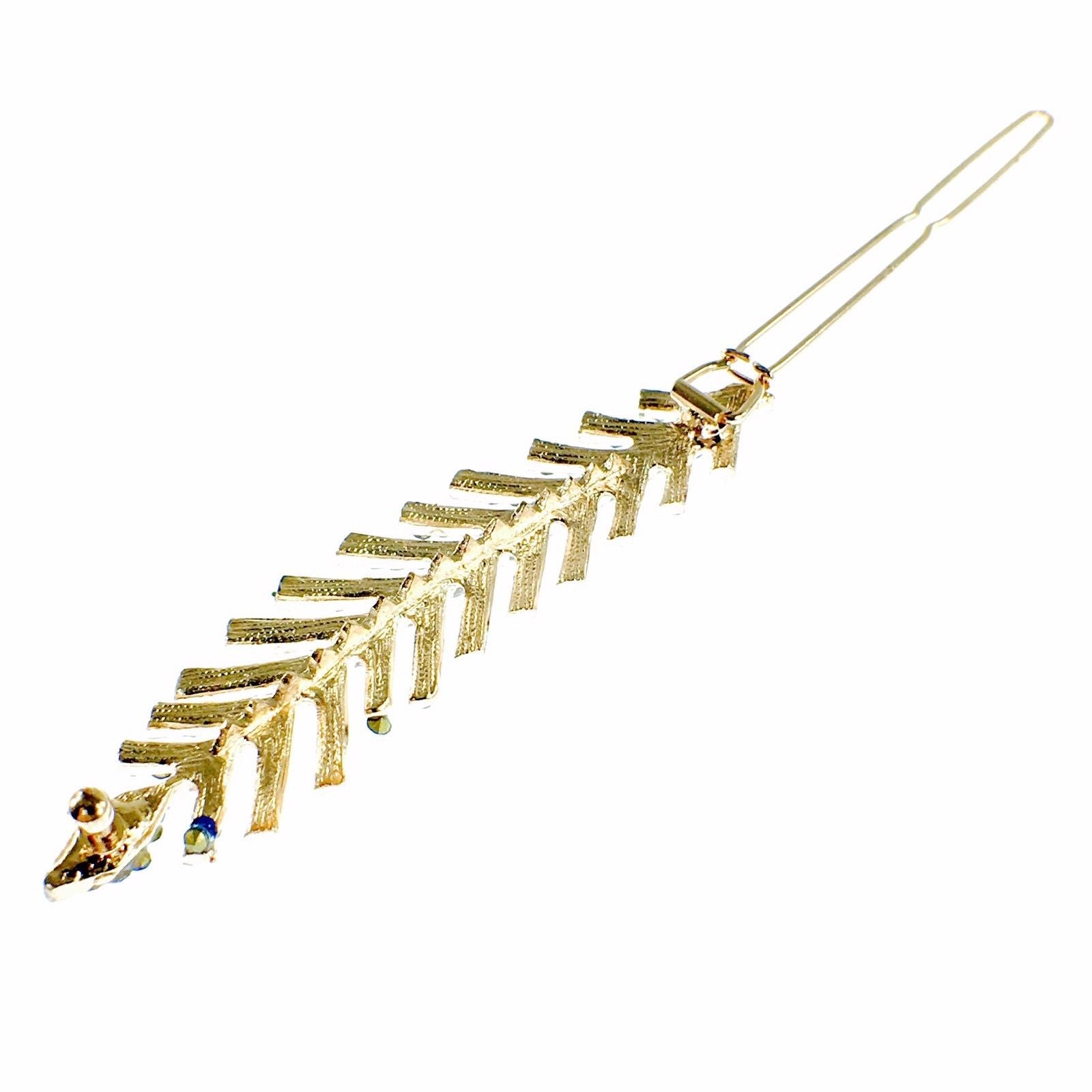 Fern Leaf Hair Clip Rhinestone Crystal gold base Blue, Hair Clip - MOGHANT
