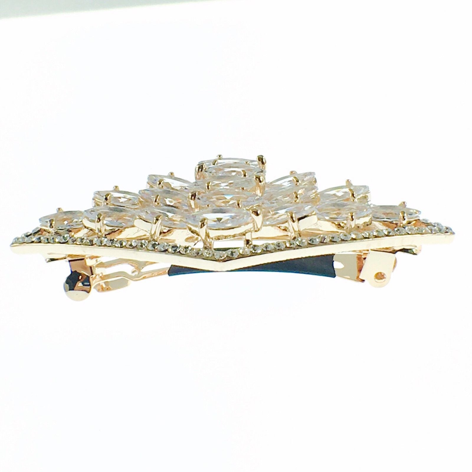 Diamond shape Barrette Handmade use Swarovski Crystal gold base Clear, Barrette - MOGHANT