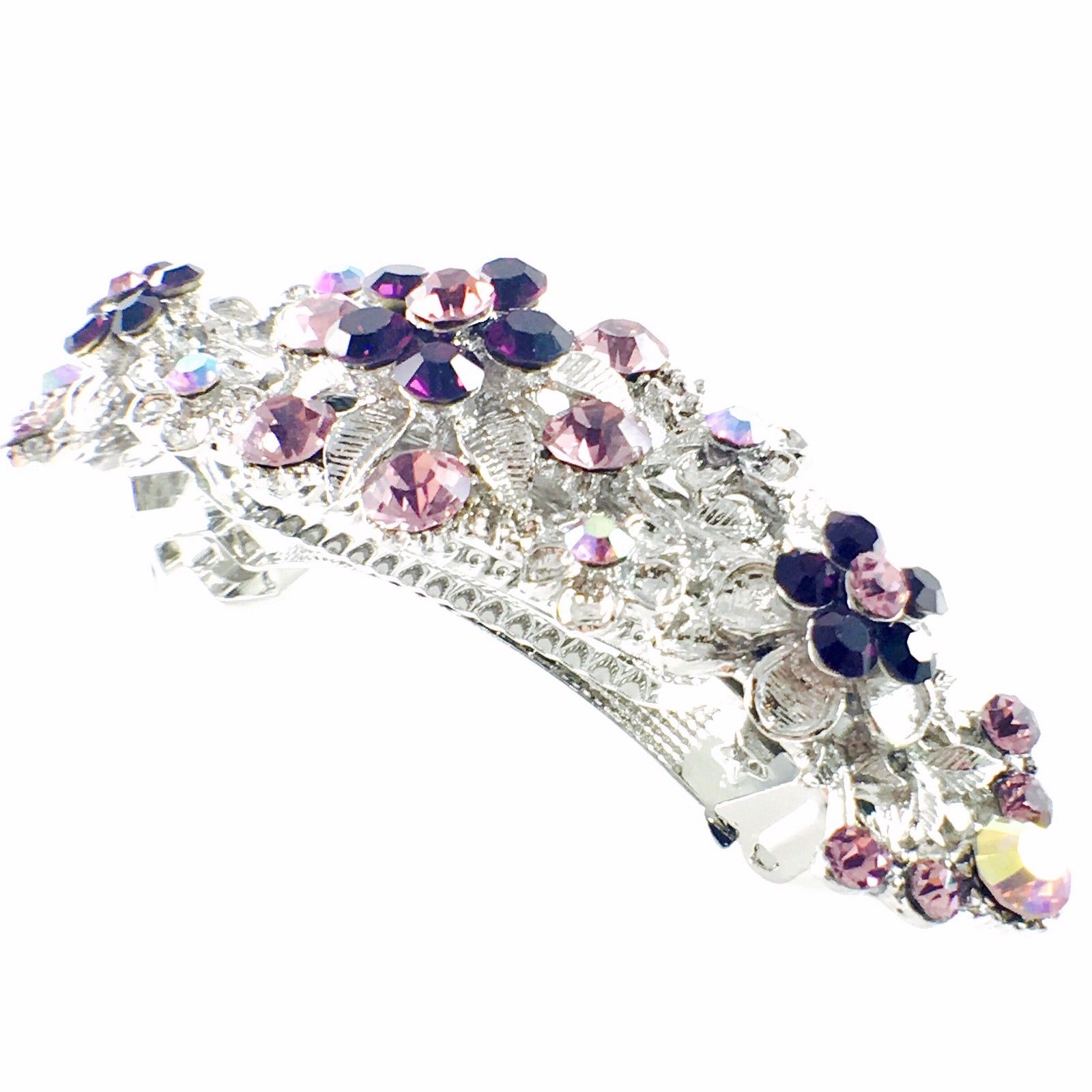 Cohosh Flower Blossom Barrette Rhinestone Crystal Vintage silver base Purple, Barrette - MOGHANT
