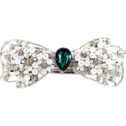 Bow Knot Barrette Rhinestone Crystal silver base white pearls Clear Green, Barrette - MOGHANT