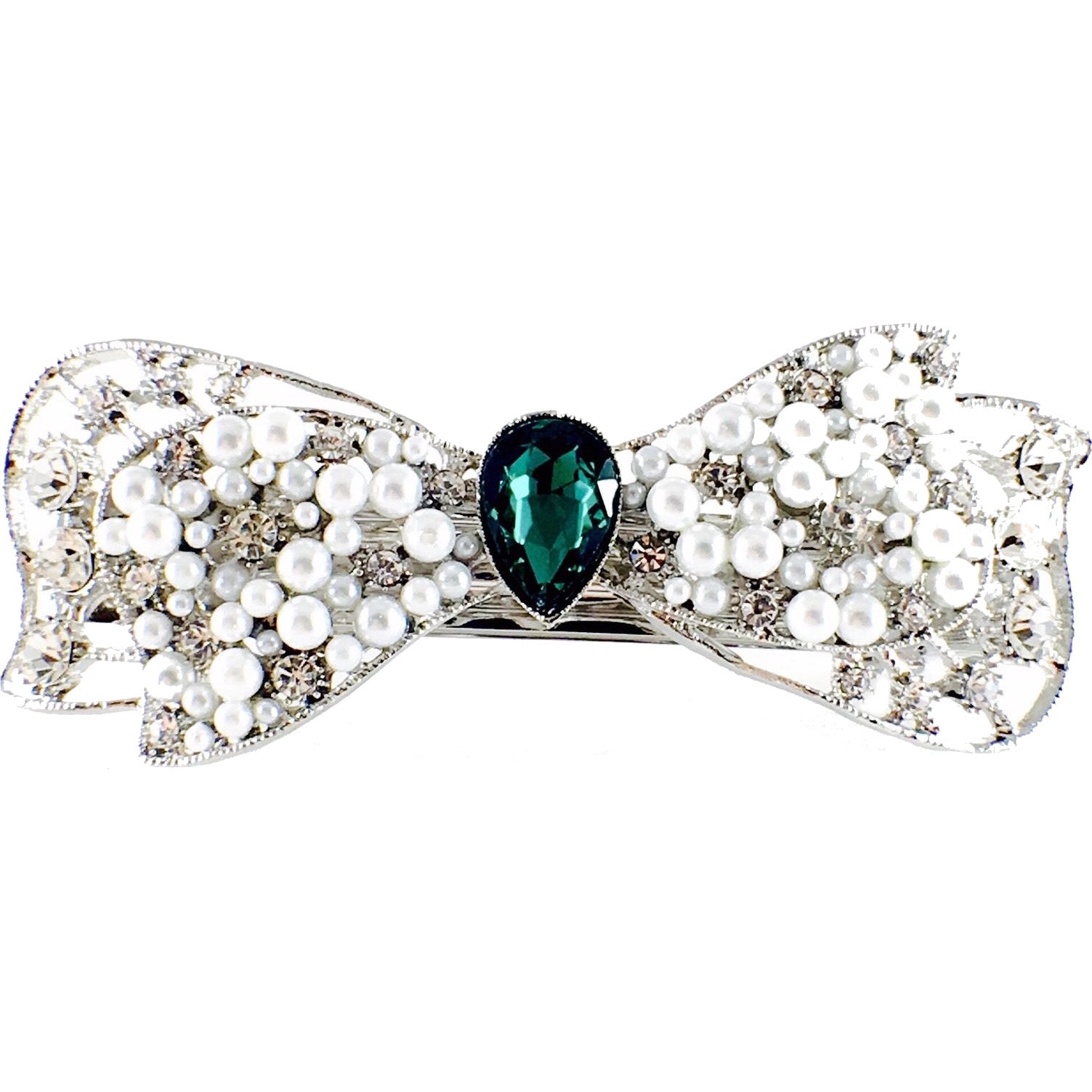 Bow Knot Barrette Rhinestone Crystal silver base white pearls Clear Green, Barrette - MOGHANT