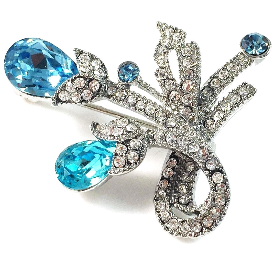 Brooch Pin use Swarovski Crystal Wedding Bridal Ribbon Flower Silver base Blue, Brooch - MOGHANT
