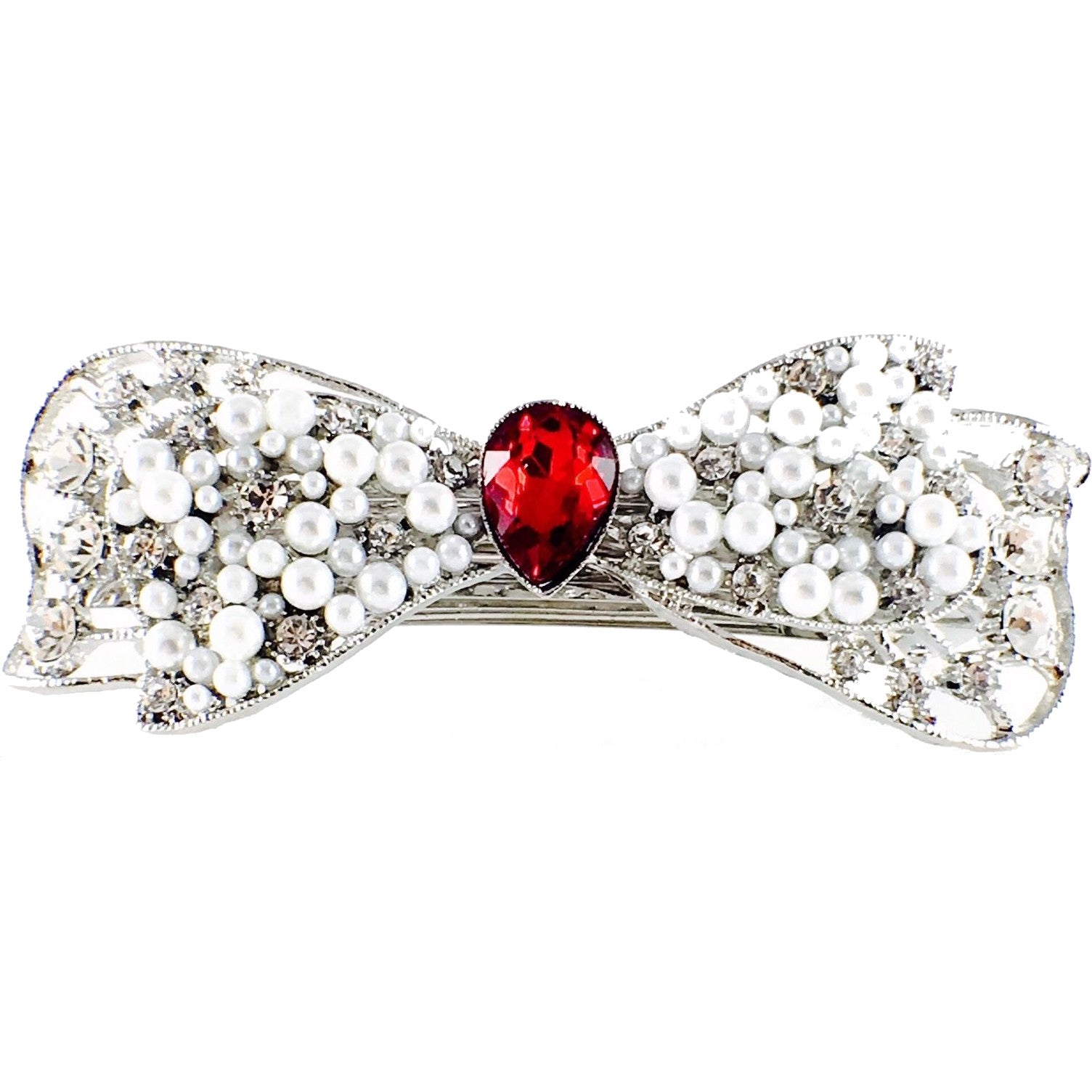 Bow Knot Barrette Rhinestone Crystal silver base white pearls Clear Red, Barrette - MOGHANT