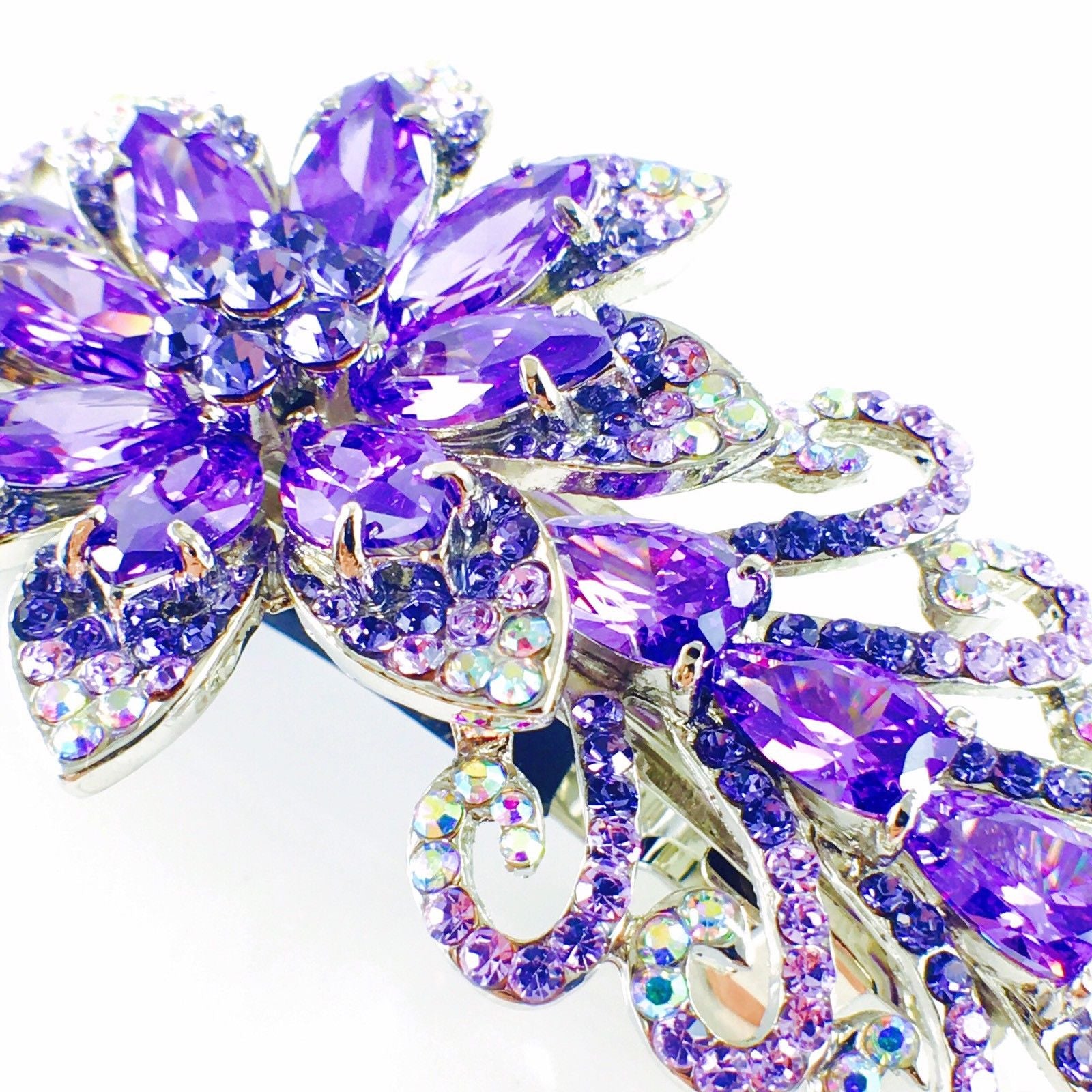 Flower Barrette Handmade use Swarovski Crystal silver base Purple, Barrette - MOGHANT