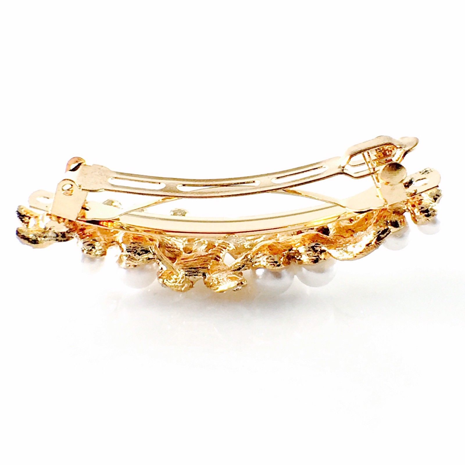 Lush Flowers Barrette Rhinestone Crystal Vintage gold base white pearls Clear, Barrette - MOGHANT