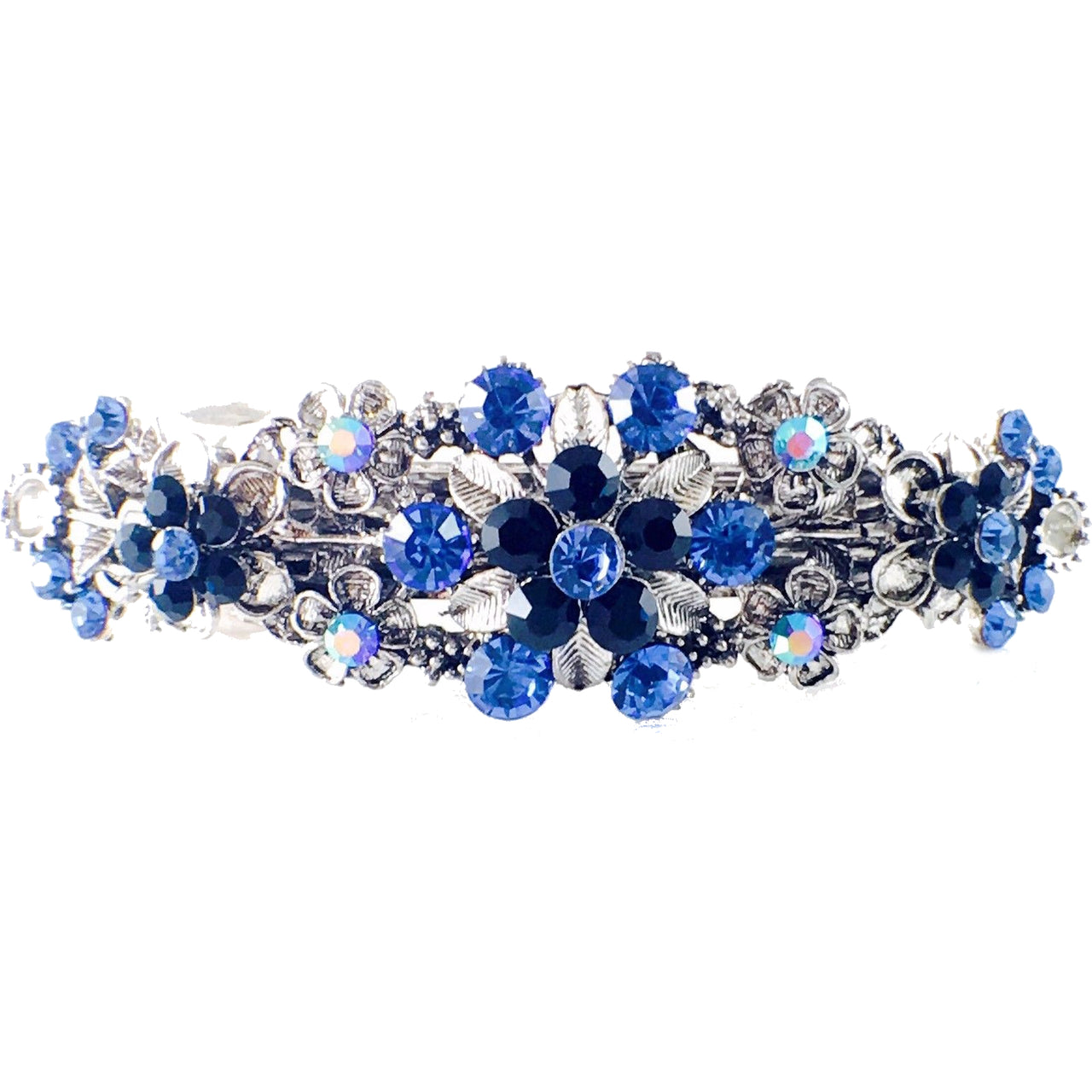 Cohosh Flower Blossom Barrette Rhinestone Crystal Vintage silver base Blue, Barrette - MOGHANT