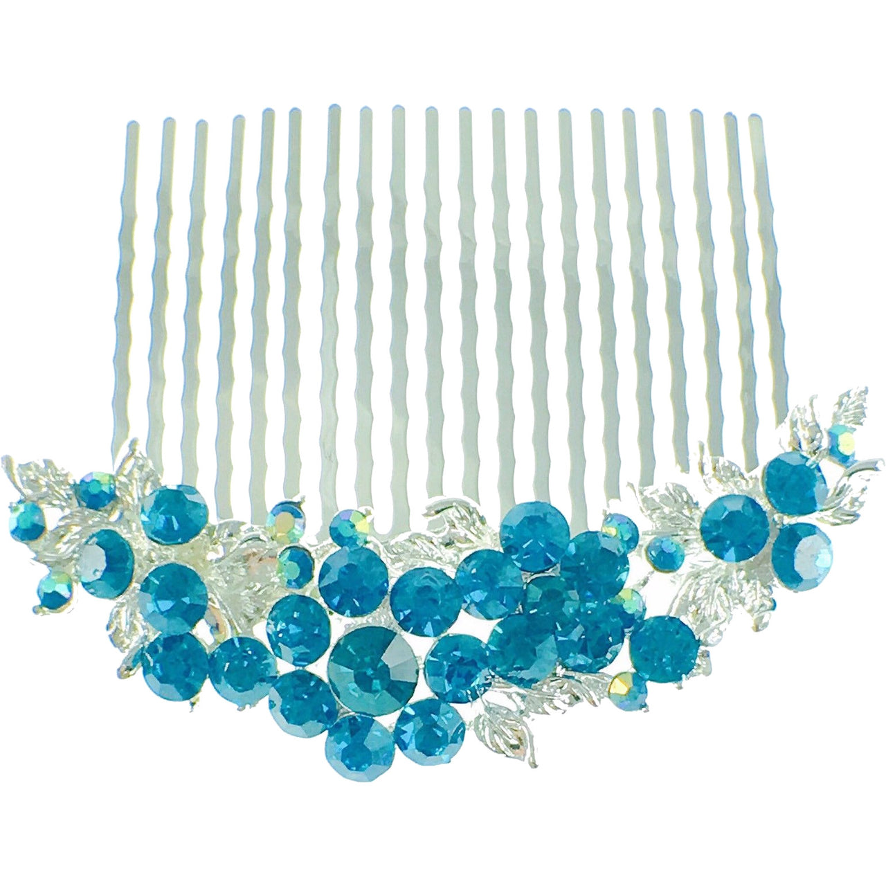Fresh Floral Hair Comb Austrian Crystal Vintage Simple Flower silver base Cerulean Blue, Hair Comb - MOGHANT