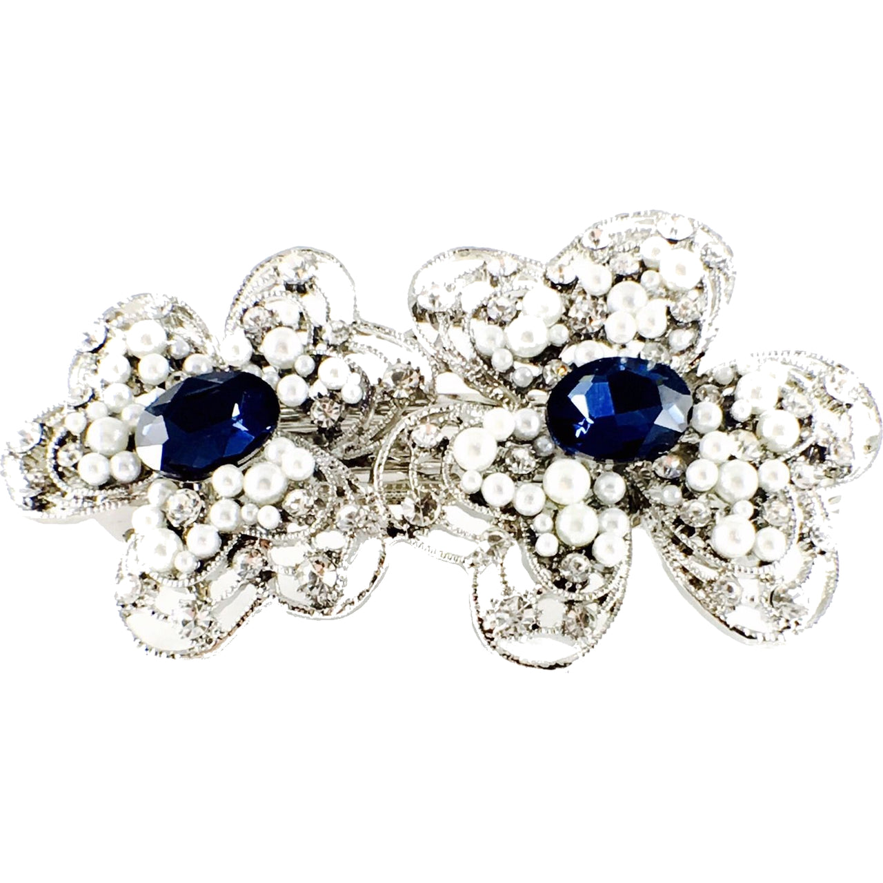 Twin Flowers Barrette Rhinestone Crystal silver base white pearls Blue, Barrette - MOGHANT