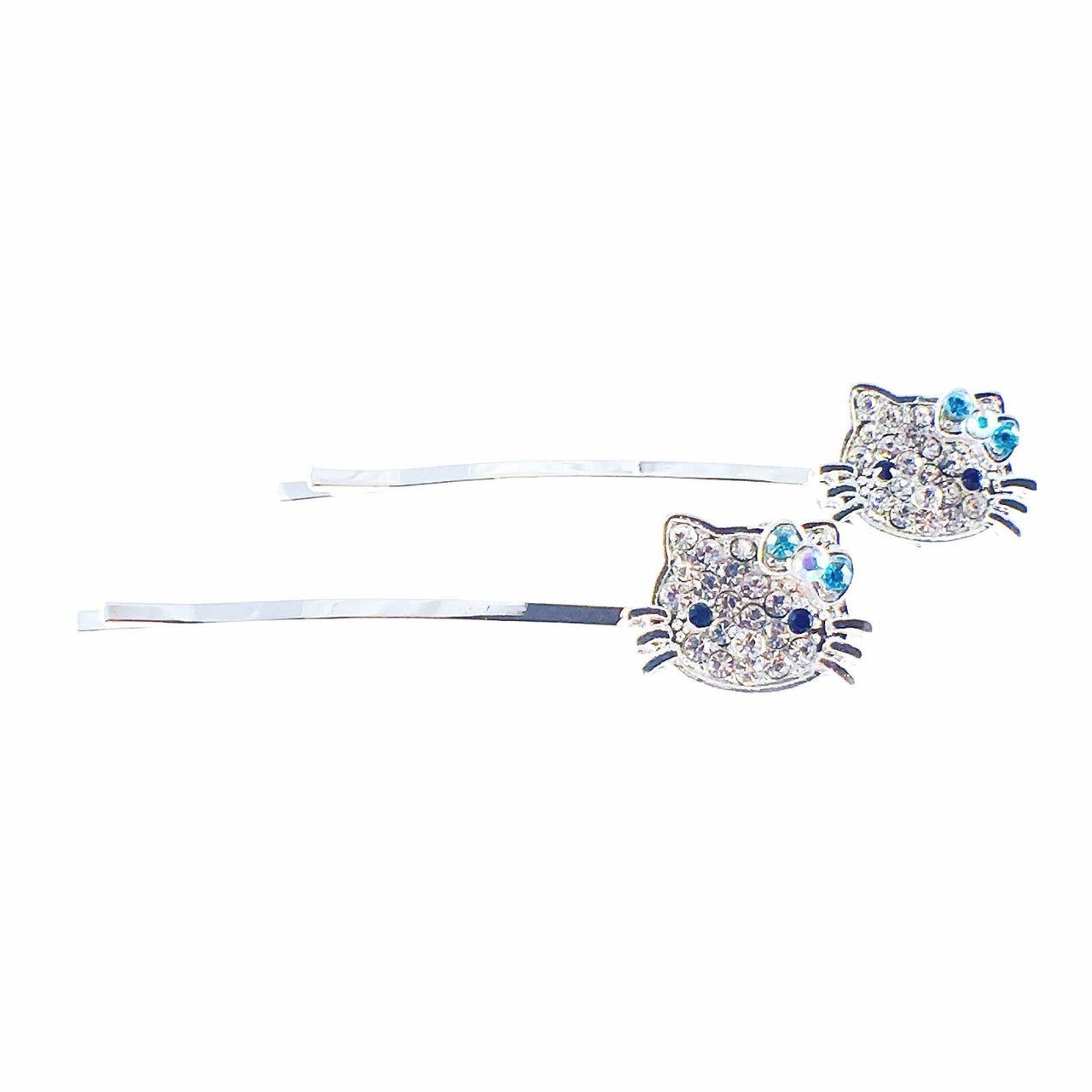 Hello Kitty Cat style Bobby Pins Pair Rhinestone Crystal silver base, Bobby Pin - MOGHANT