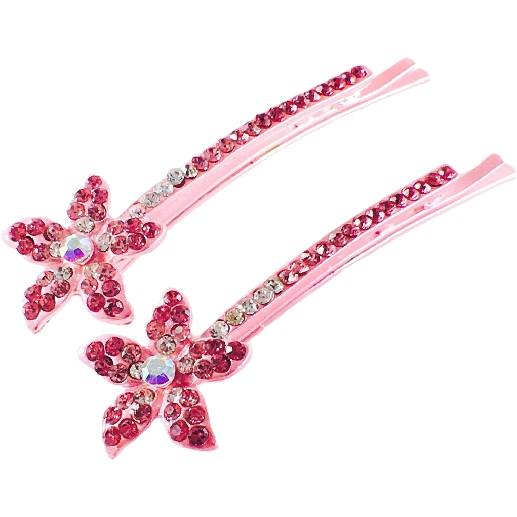 Flower Bobby Pin Pair Rhinestone Crystal clear pink, Bobby Pin - MOGHANT