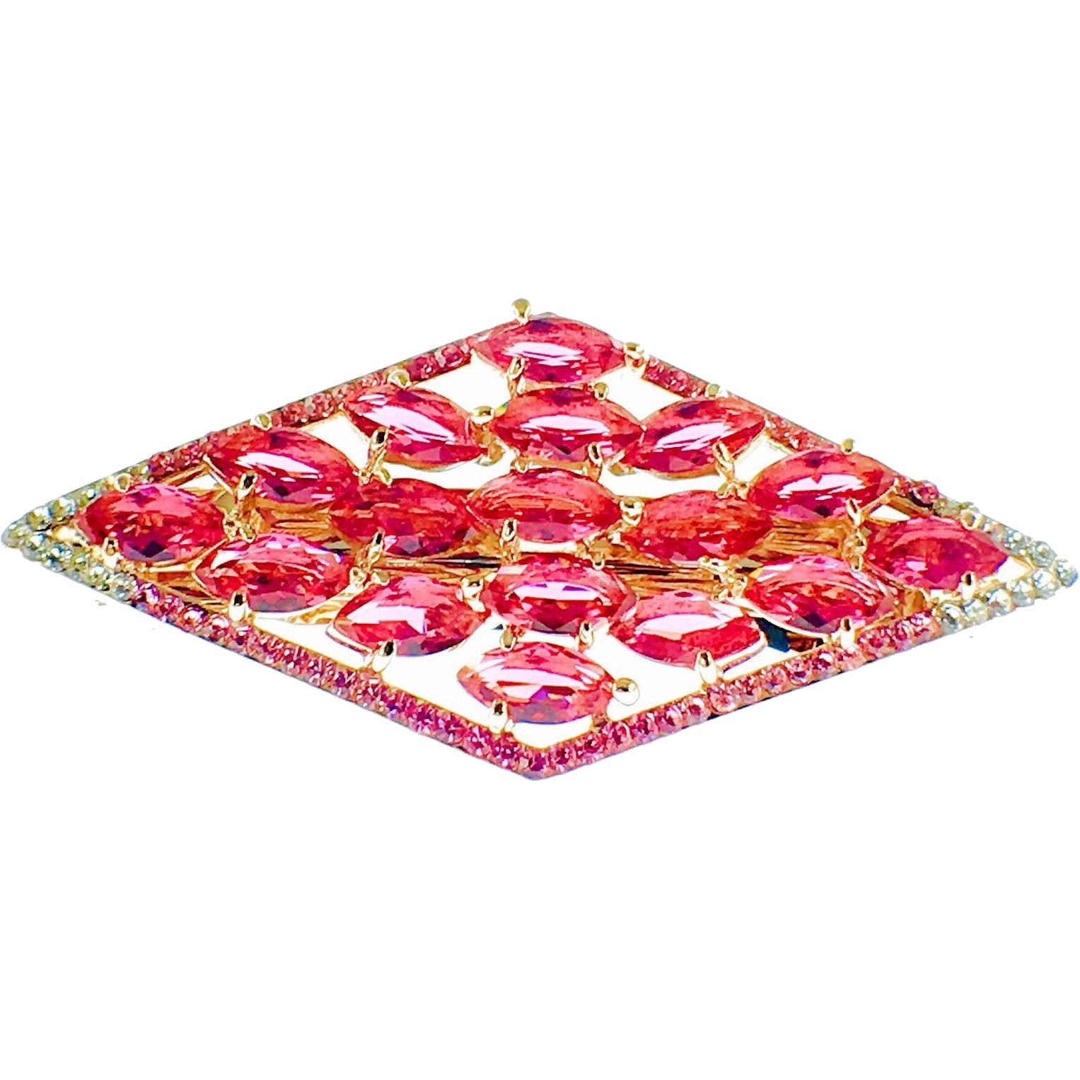 Diamond shape Barrette Handmade use Swarovski Crystal gold base Hot Pink, Barrette - MOGHANT