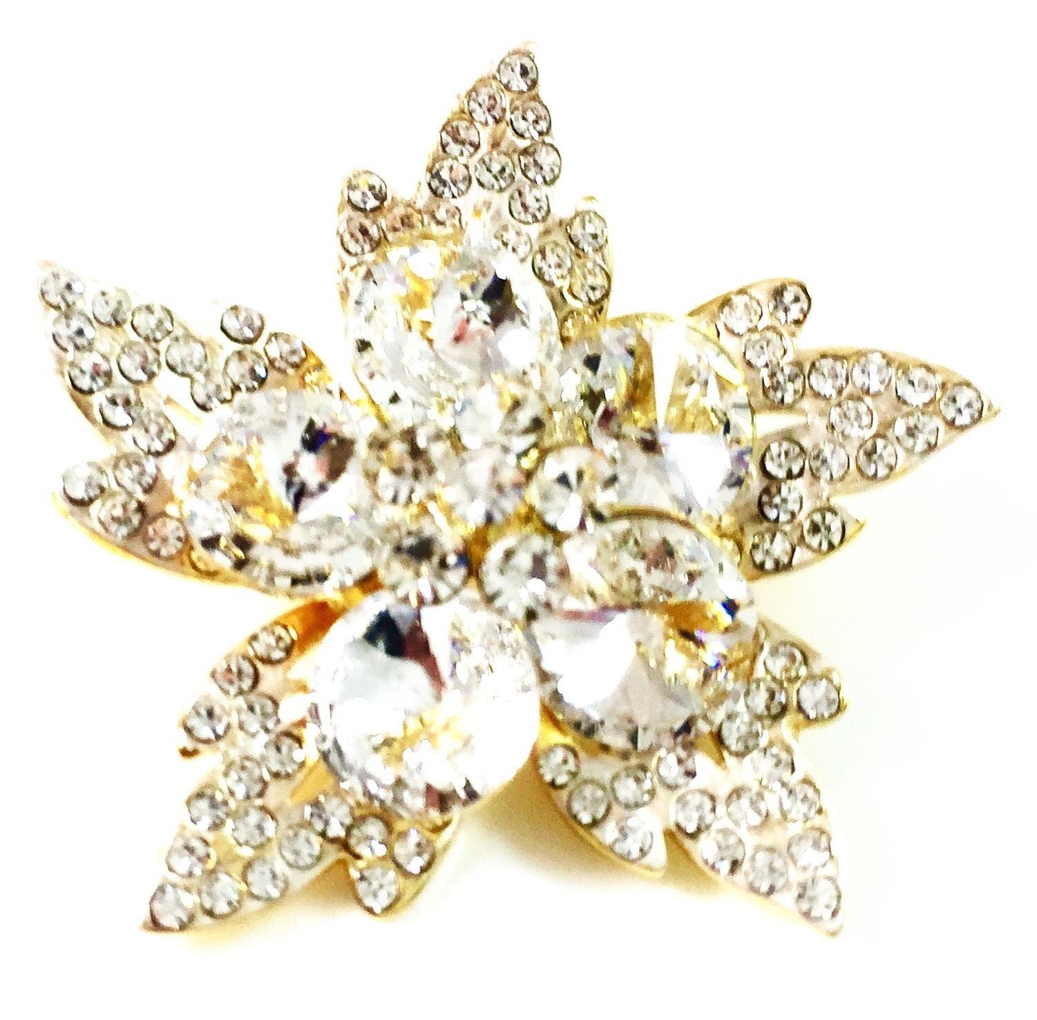 Brooch Pin use Swarovski Crystal Wedding Bridal Flower Gold base Clear, Brooch - MOGHANT