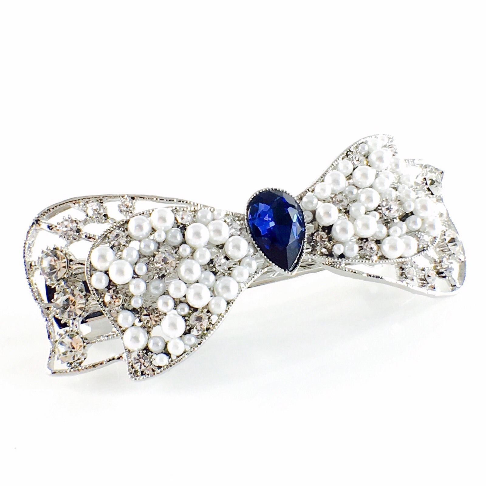 Bow Knot Barrette Rhinestone Crystal silver base white pearls Clear Navy Blue, Barrette - MOGHANT