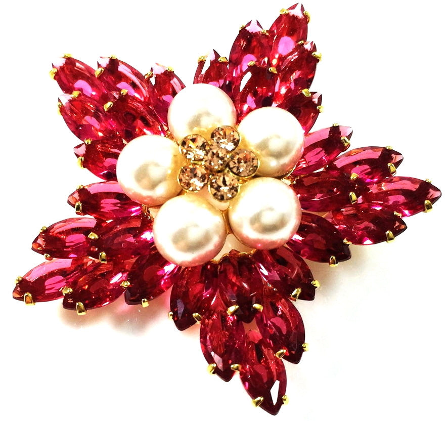 Brooch Pin use Swarovski Crystal Wedding Bridal Flower Gold base White Pearl Pink, Brooch - MOGHANT