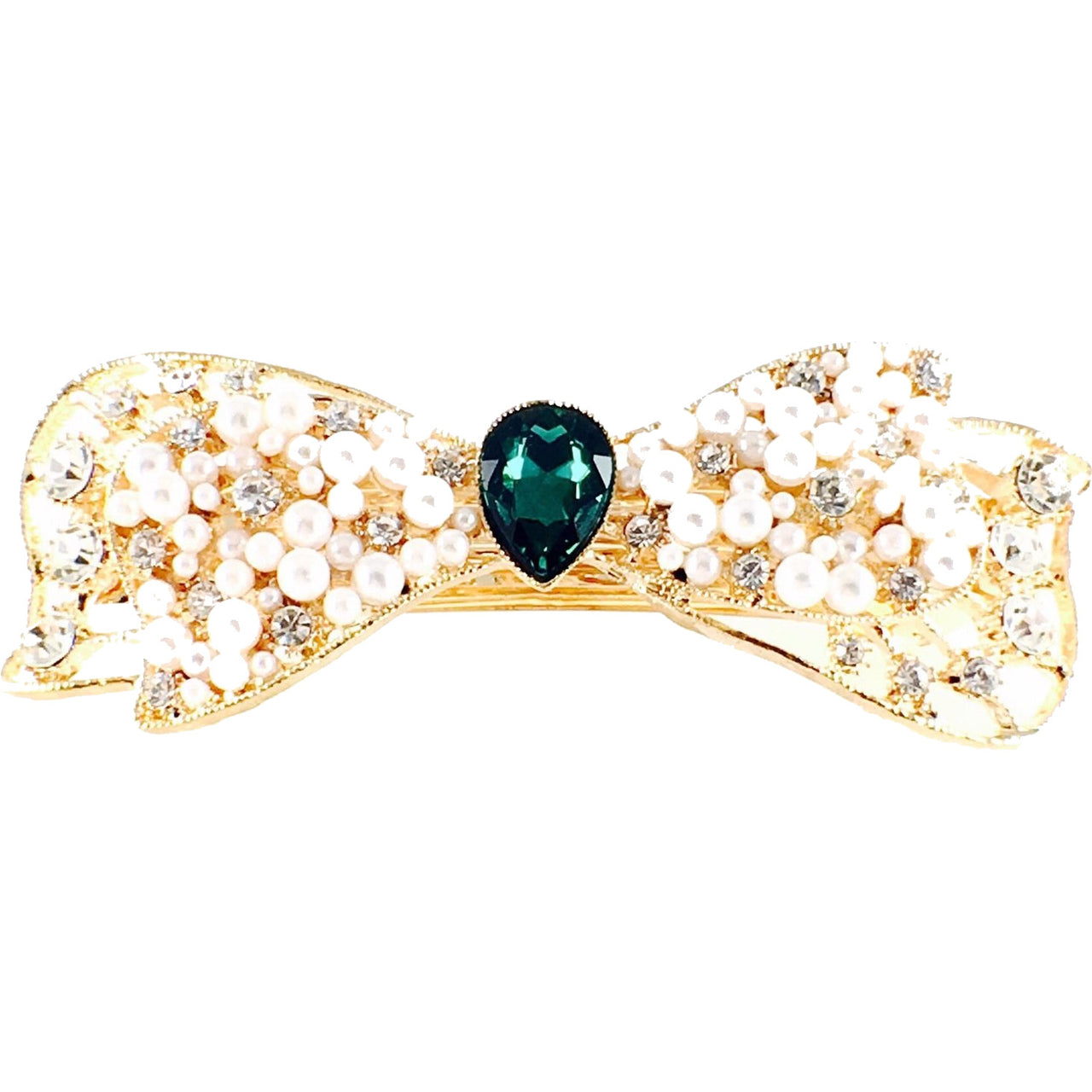 Bow Knot Barrette Rhinestone Crystal gold base white pearls Clear Green, Barrette - MOGHANT