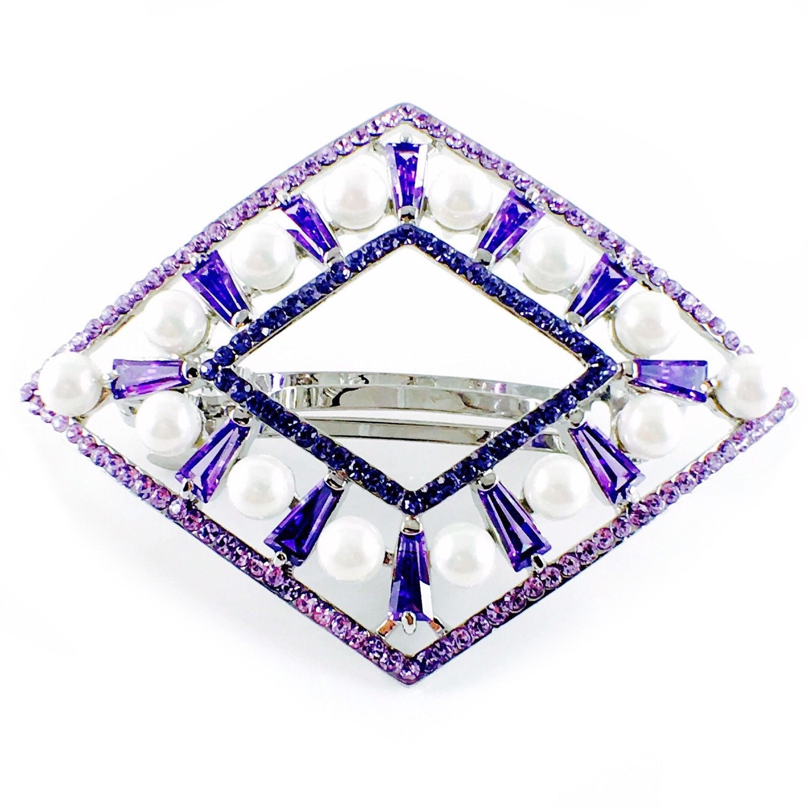 Pearl Barrette Handmade use Swarovski Crystal Purple silver base Rhombus, Barrette - MOGHANT