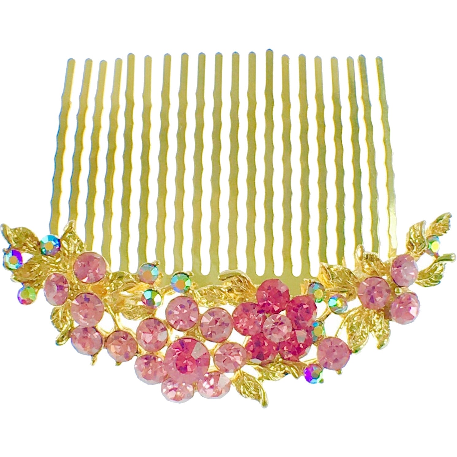 Fresh Floral Hair Comb Austrian Crystal Vintage Simple Flower gold base Pink, Hair Comb - MOGHANT