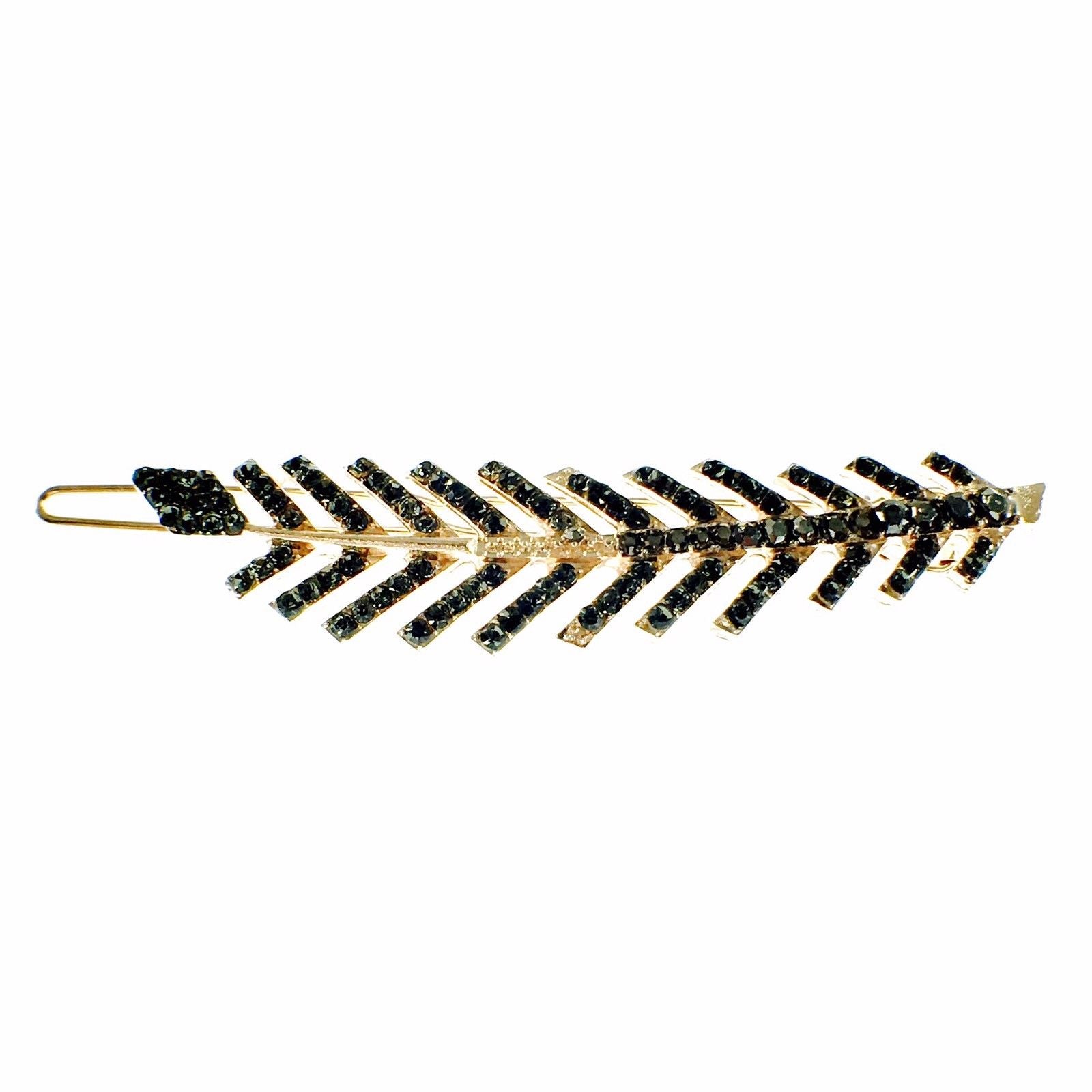 Fern Leaf Hair Clip Rhinestone Crystal gold base Black, Hair Clip - MOGHANT